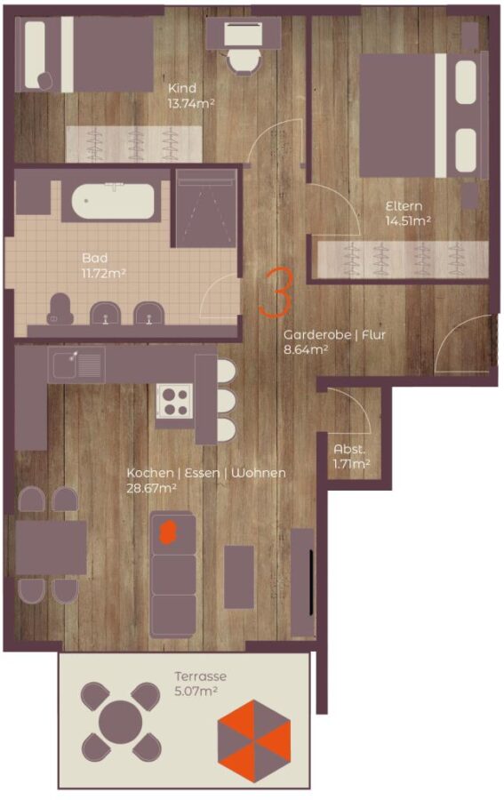 1, 2 oder 3 ? - Haus 2 Grundriss Wohnung 3